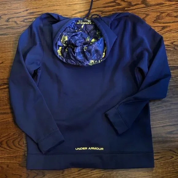 UNDER ARMOUR Men's Navy Blue Hoodie With Yellow & Blue Chest Logo Sz Large